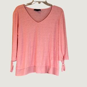 Sanctuary Linen V-Neck Top Womens L‎ Pink 3/4 Sleeve  Resortwear Quiet Luxury